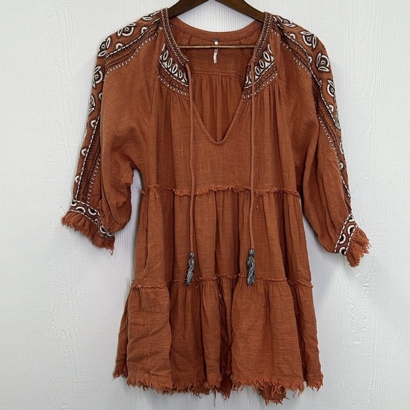 Free People - Dream Weaver Boho Frayed Terracotta 3/4 Sleeve Pocket Blouse Small - Picture 11 of 15
